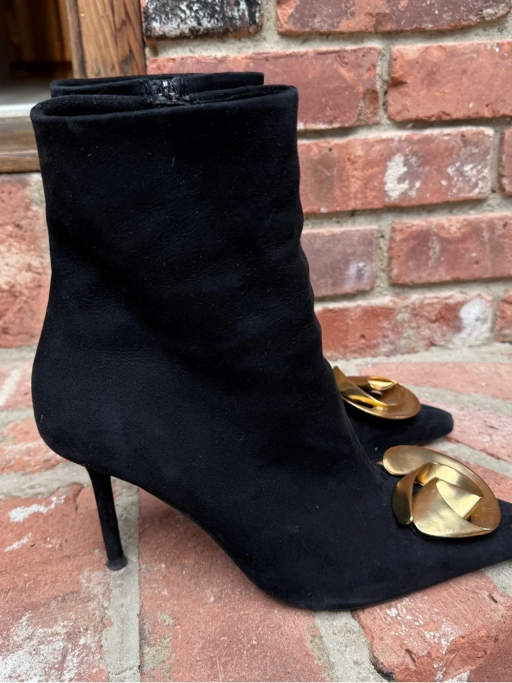 Zara Black Suede Pointed-Toe Ankle Boots with Gold Sculptural Accent